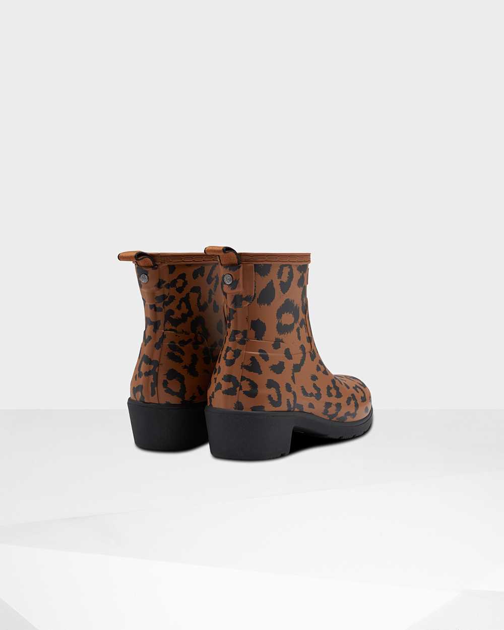 Hunter Original Leopard Print Refined Low Heel Women's Ankle Boots NZ-29279O Brown